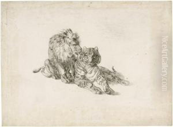 Lowe Und Tiger Oil Painting by Johann Nepomuk Rauch