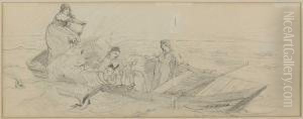 Bauerinnen Mit Kindern Im Heuboot. Oil Painting by Karl Raupp