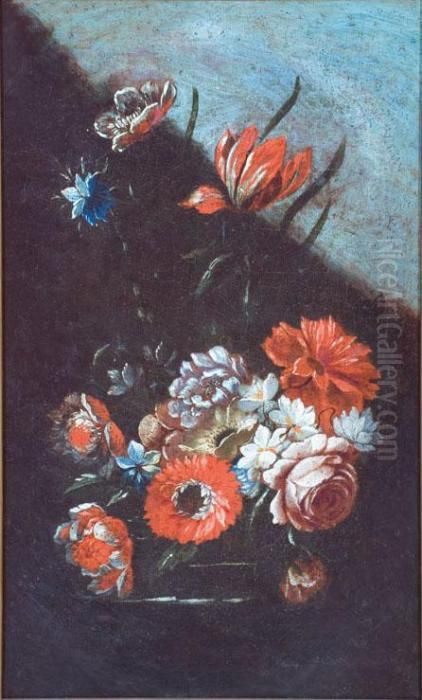 Dalie, Garofani, Gerbere E Altri Fiori In Un Vaso Su Un Piano Oil Painting by Giacomo Recco