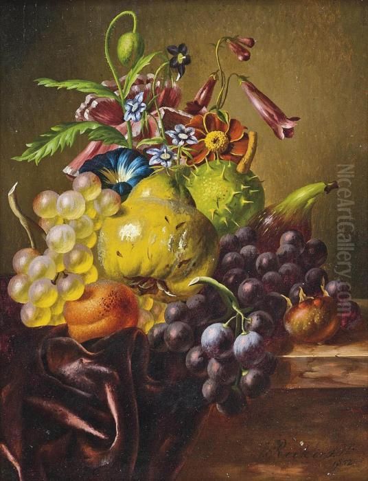 A Pear, Grapes, A Fig, An Apricot, A Horse-chestnut And Summer Flowers On A Draped Ledge Oil Painting by Johannes Jun Reekers