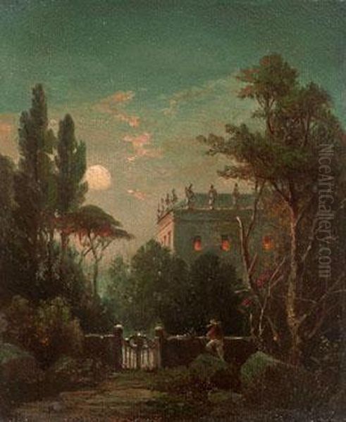 Italienische Landschaft Mit Palazzo Im Mondschein Oil Painting by Theodor Markus Rehbenitz