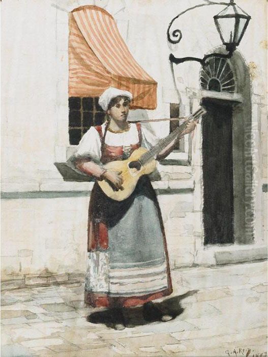 Street Singer Oil Painting by George Agnew Reid