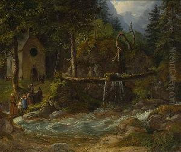 Waldkapelle Am
 Gebirgsbach. Oil Painting by Gustav Reinhold