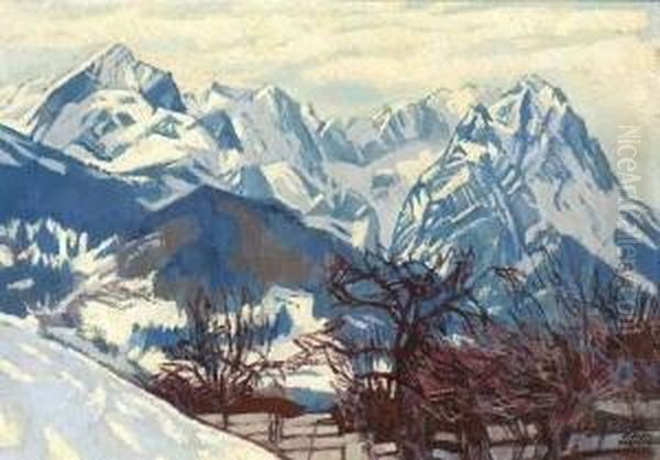 Winter Im Wettersteingebirge. Oil Painting by Carl Reiser