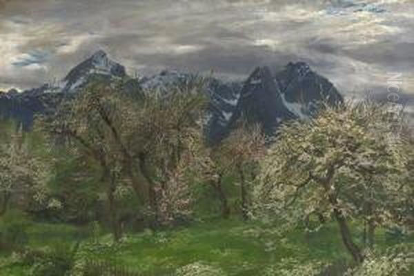 Fruhlingshafte Gebirgslandschaft Mit Blick Auf Alp- Und Zugspitze. Oil Painting by Carl Reiser