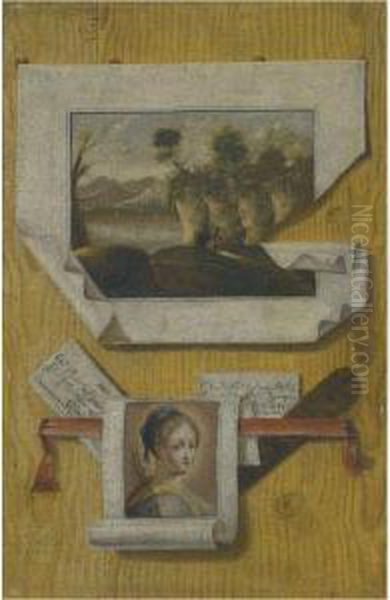 A Trompe L'oeil Still Life With A Sketch Of A Landscape And Saint Apollonia Oil Painting by Andrea Domenico Remps