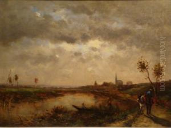 A River Landscape With A Couple In A Punt And Two Horses On A Tow Path Oil Painting by Edmond Renault