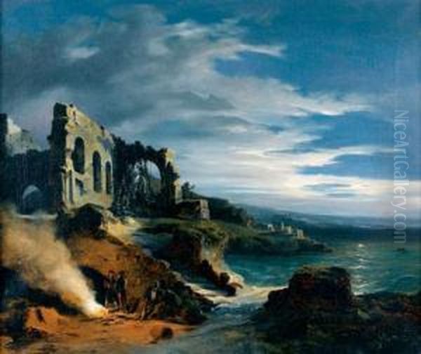 Contrebandiers Pres D'une Plage Surmontee D'une Ruine D'eglise Oil Painting by Charles Renoux