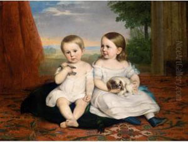 Retrato De Dos Ninos Con Sus Mascotas (children With Their Pets) Oil Painting by Carlos Luis Ribera y Fieve