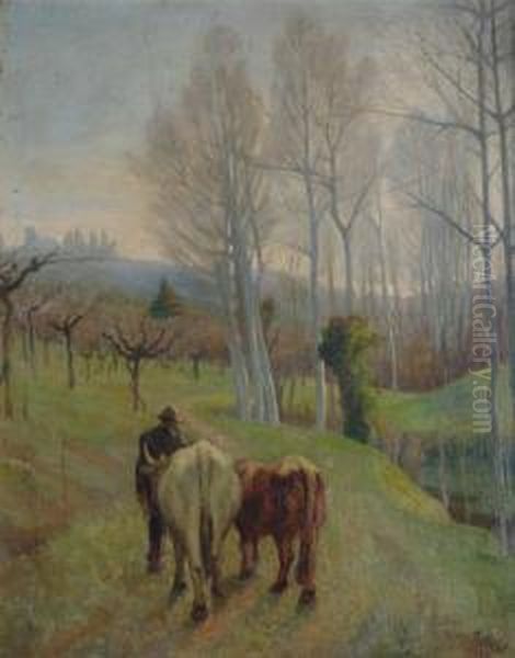 Paesaggio Con Contadino E Buoi Oil Painting by Fernando Riblet