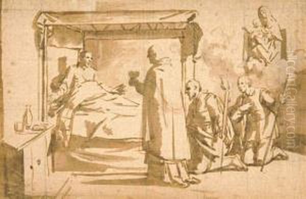Ein Priester Erteilt Die Krankensalbung. Oil Painting by Giovanni Battista Ricci Da Novara