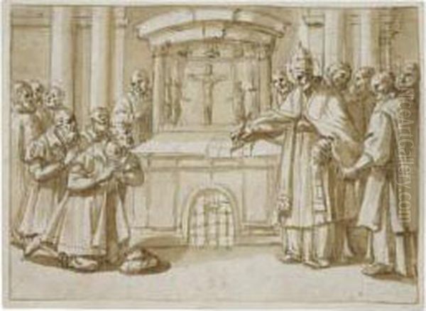 A Pope Drawing Plans On An Altar Oil Painting by Giovanni Battista Ricci Da Novara