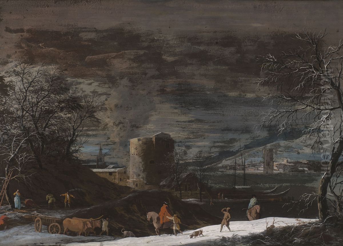 A Winter Landscape Oil Painting by Marco Ricci