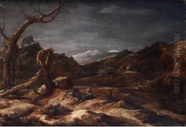 Bergige Landschaft Mit Zwei Einsiedlern Oil Painting by Marco Ricci