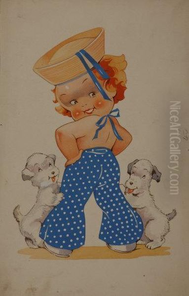 Child With A Rubber Ring Oil Painting by Agnes Richardson