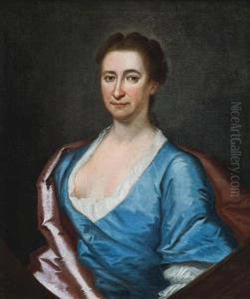 Portrait Of A Lady, Half-length, In A Blue Dress And Pink Wrap Oil Painting by Jonathan Richardson