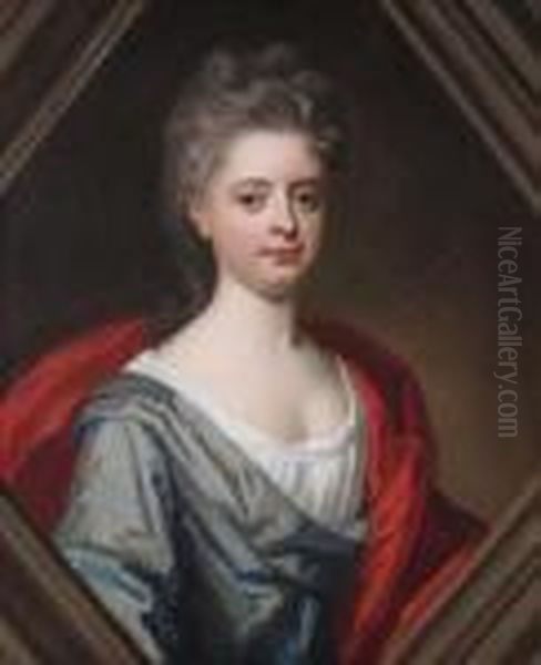 Portrait Of A Lady, Half Length Wearing A Green Dress And A Red Robe Oil Painting by Jonathan Richardson