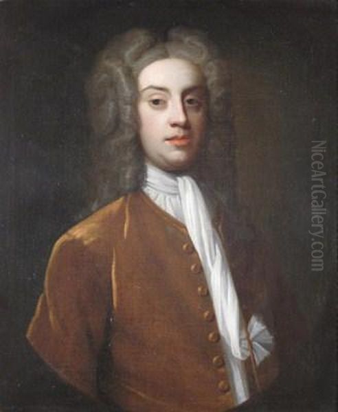 Portrait Of A Gentleman, Half Length Wearing A Full Bottomed Wig And A Brown Jacket Oil Painting by Jonathan Richardson