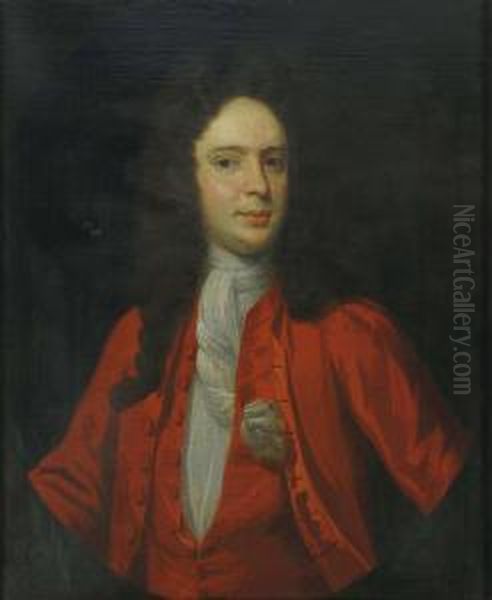 Portrait Of A Gentleman, Half-length, In A Red Coat And A White Cravat Oil Painting by Jonathan Richardson