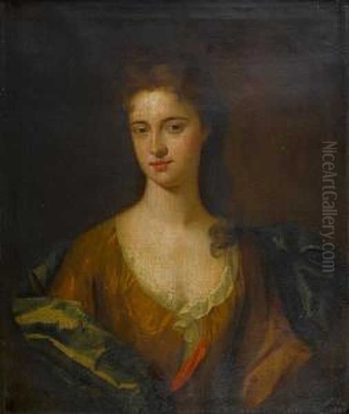 Portrait Of A Lady, Half-length, In A Browndress With A Blue Satin Wrap And A White Chemise, Within A Paintedstone Oval Oil Painting by Jonathan Ii Richardson