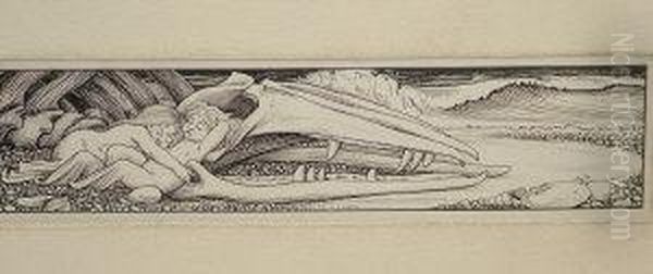 Children Asleep By A Whale's Skull On The Seashore Oil Painting by Charles Ricketts