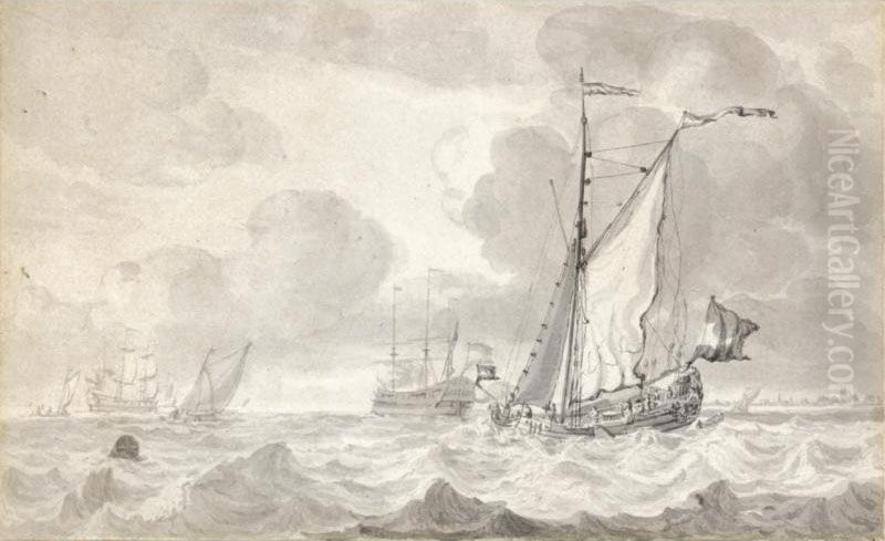 A Single Masted Vessel In A Choppy Sea, With Other Ships In The Distance, And A Town On The Horizon To The Right Oil Painting by Jan Claes Rietschoof
