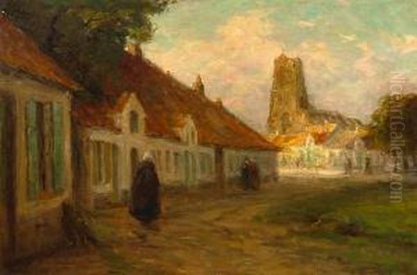 Figures On A Village Street Oil Painting by Leon Riket
