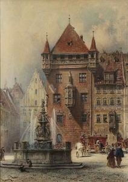 Nurnberg - Lorenzer Platz Mit Tugendbrunnen. Oil Painting by Lorenz Ritter