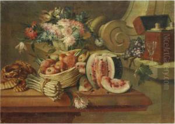 Natura Morta Con Anguria, Asparagi E Cesto Di Fiori Oil Painting by Giovanni Rivalta