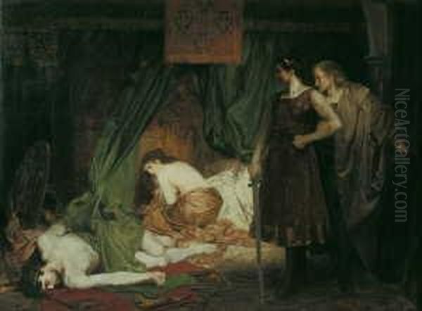 Der Tod Des Papstes Johannes Xii. Der Papst Wurde Von Einem Vornehmen Romer, Dessen Frau Er Verfuhrt Hatte, Erschlagen. Oil Painting by Fritz Rober