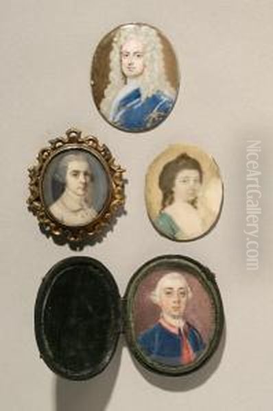 A Miniature Portrait Of A Lady In A Blue Dress With White Fichu Oil Painting by Charles I Robertson