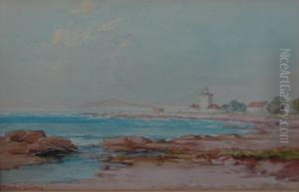 Seascape From Rocky Shore With Buildings Before A Distant Mountain Range Oil Painting by James Mcculloch Robertson