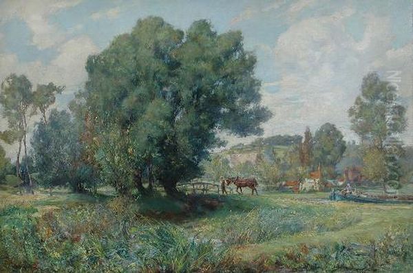 Aheavy Horse Pulling A Narrow Boat Along A Canal Oil Painting by Victor J. Robertson