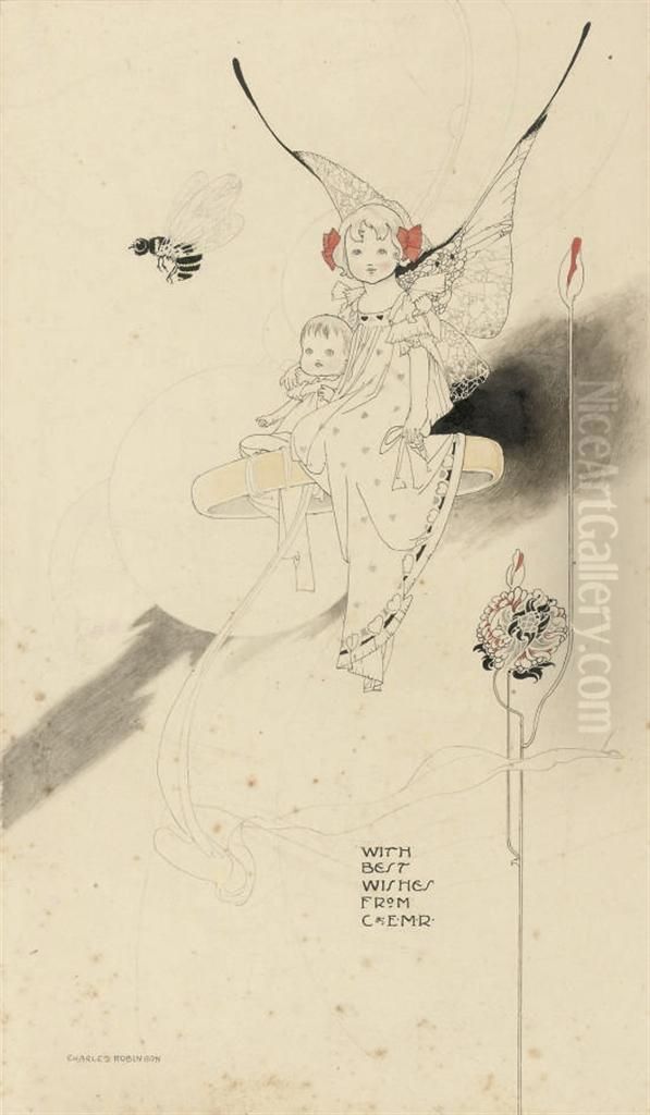 Fairies Observing A Bumble Bee Oil Painting by Charles Robinson