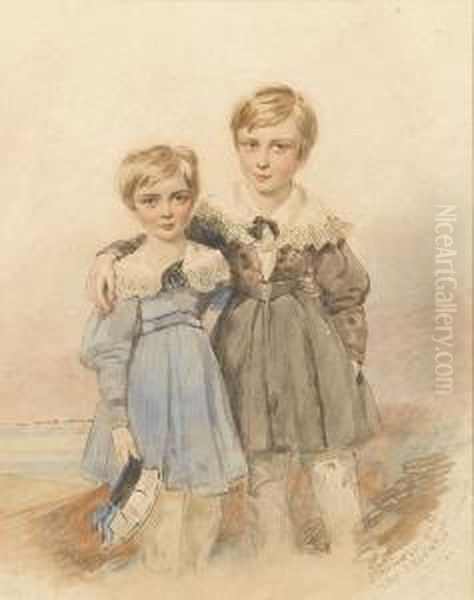 Two Young Boys, The One On The Left Wearingblue Smock With Puffed Sleeves And White Lace Falling Collar Tiedwith A Black Bow Over White Trousers, A White Sailor Cap With Blueribbons Held In His Left Hand, The One On The Right Wearing Brownsmock With Butto Oil Painting by Simon Jacques Rochard