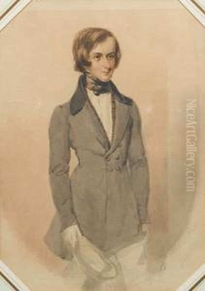 A Gentleman, Wearing Double-breasted Greyfrock Coat With Black Collar Over Brown Waistcoat And White Shirtwith High Tied Stock And Trousers, Holding A Top Hat In His Lefthand. Oil Painting by Simon Jacques Rochard