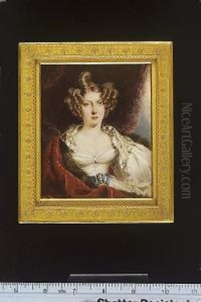 A Pair Of Portraits Of George And Margaret Ann Rennie: He, Wearing Black Coat, Matching Waistcoat, Frilled White Chemise And Tied Stock, A Book Beside His Right Arm, Red Curtain And Balustrade Background; She, Wearing Decollete White Dress With Jewel At H Oil Painting by Simon Jacques Rochard