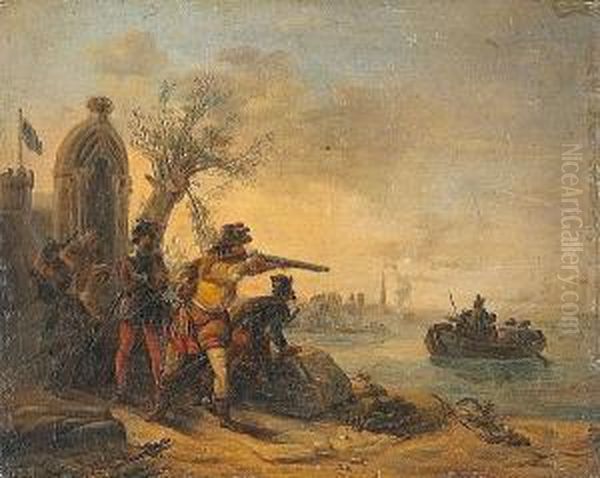A Small Group Of Soldiers Defending An Outpost By The Water's Edge Oil Painting by Hendrik Rochussen