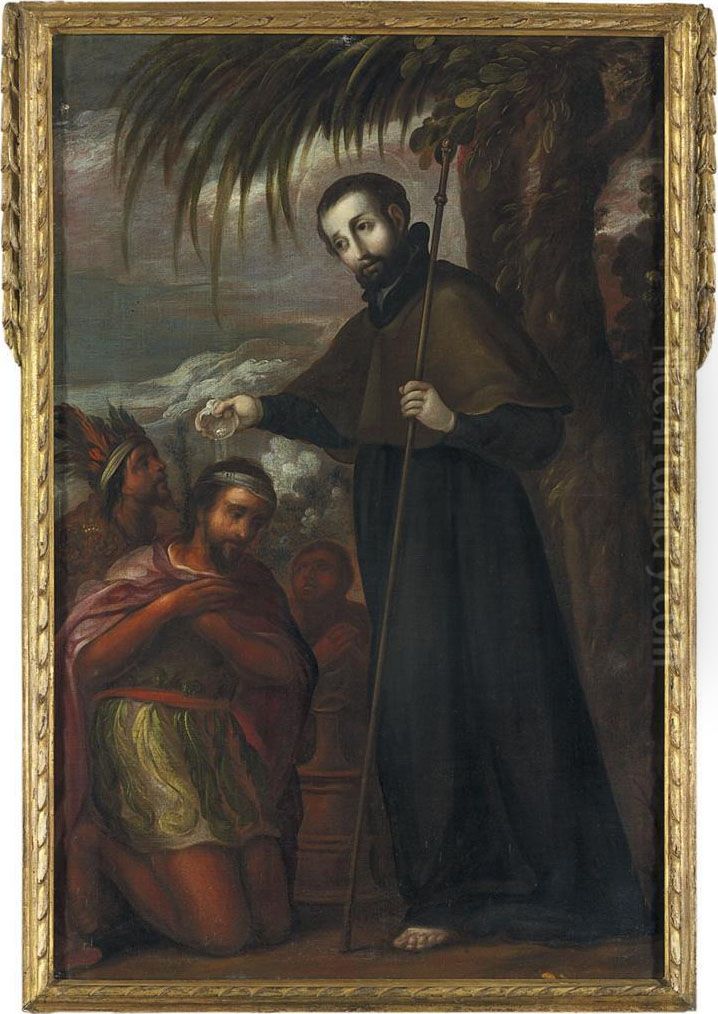 San Francisco Javier Bautizando A Un Indio Oil Painting by Juan Rodriguez Juarez