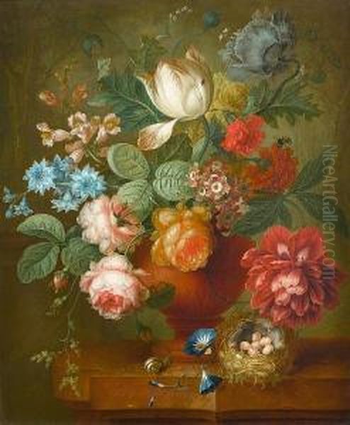 Tulips, Roses, Convolvulus And Other Flowersin A Terracotta Vase With A Bird's Nest On A Marble Ledge Oil Painting by Johan Christiaan Roedig