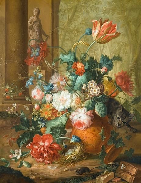 Tulips, Roses And Other Flowers In A Classical Urn Overturned By A Cat Chasing A Mouse With A Statue Of Flora Beyond Oil Painting by Johan Christiaan Roedig