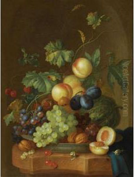 A Still Life With Peaches, Grapes, Plums, A Melon, Cherries, Walnuts, Chestnuts On A Wan-li Porcelain Plate, Together With Two Snails On A Marble Ledge, Draped With A Blue Cloth Oil Painting by Johan Christiaan Roedig