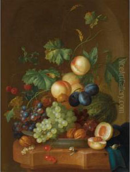 Other Properties
 

 
 
 

 
 A Still Life With Peaches, Grapes, Plums, A Melon, Cherries, Wallnuts, Chestnuts On A Wan-li Porcelain Plate, Together With Two Snails On A Marble Ledge, Draped With A Bl Oil Painting by Johan Christiaan Roedig