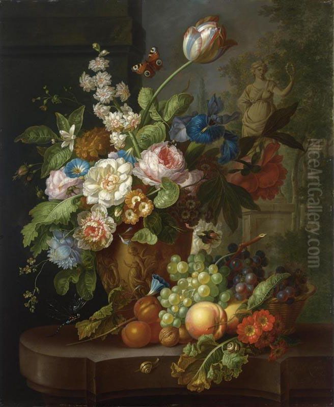 A Still Life With Pink Roses, Small Morning Glory, Irisses, A Hyacinth, A Poppy Anemone, Auricula, A Tulip And Other Flowers In A Vase Sculpted With Classical Figures, Together With Grapes, Peaches, Apricots And Wallnuts, All On A Stone Ledge With A Drago Oil Painting by Johan Christiaan Roedig