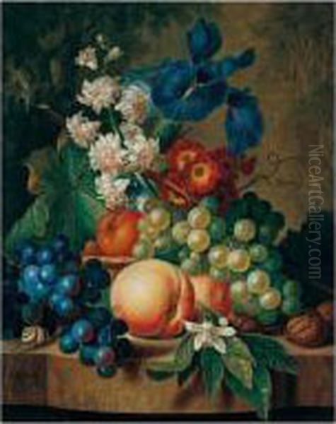 Still Life Of Grapes, Peaches, Walnuts, Irises, And Other Flowers On A Stone Ledge Oil Painting by Johan Christiaan Roedig
