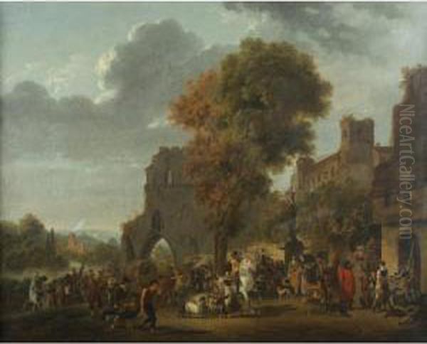 A Market Scene With A Passing Troop Of Soldiers Oil Painting by Roehn, Adolphe Eugene Gabriel