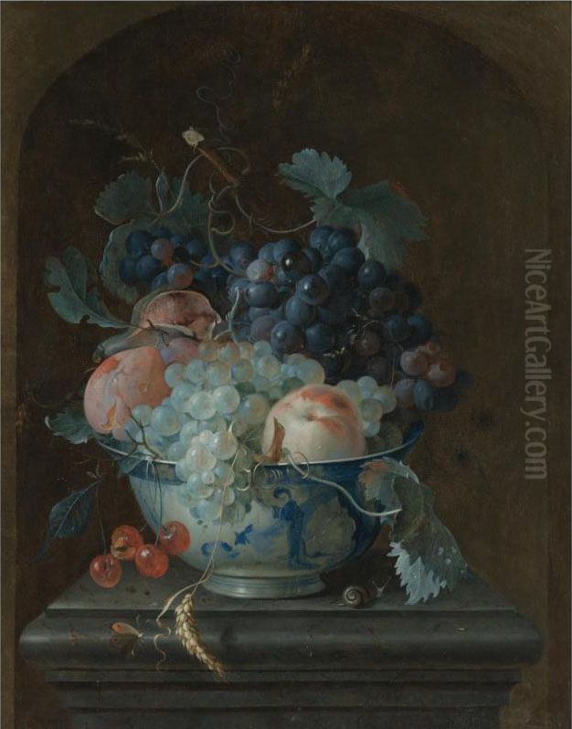 Still Life With Grapes, Cherries, Peaches And A Fig In A Porcelain Bowl Resting On A Ledge Before A Stone Niche Oil Painting by Coenraet Roepel