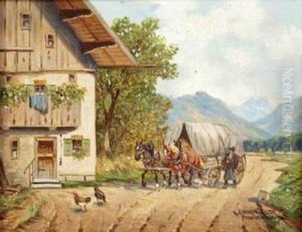 Pferdefuhrwerk In Oberbayern Oil Painting by Karl Rohrhirsch