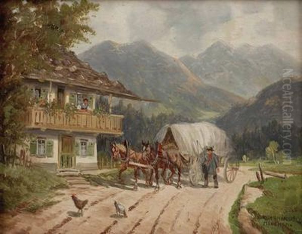 Pferdefuhrwerk Vor Bayrischem Gehoft Oil Painting by Karl Rohrhirsch