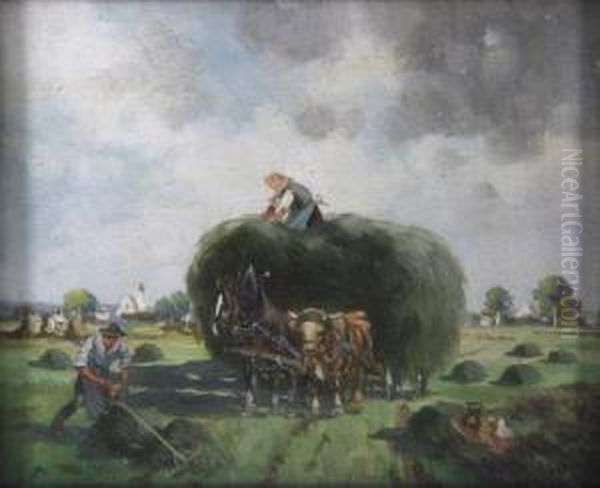 Felderlandschaft Mit Fuhrwerk Und Bauern Bei Der Heuernte Oil Painting by Karl Rohrhirsch